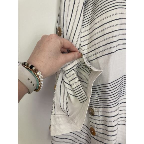 John Mark Stripe Linen Roll Tab Collared Button Down Lagenlook Shirt Blouse Med - Picture 3 of 10